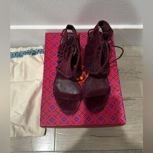 Burgundy suede Tory Burch heels for sale in good condition!